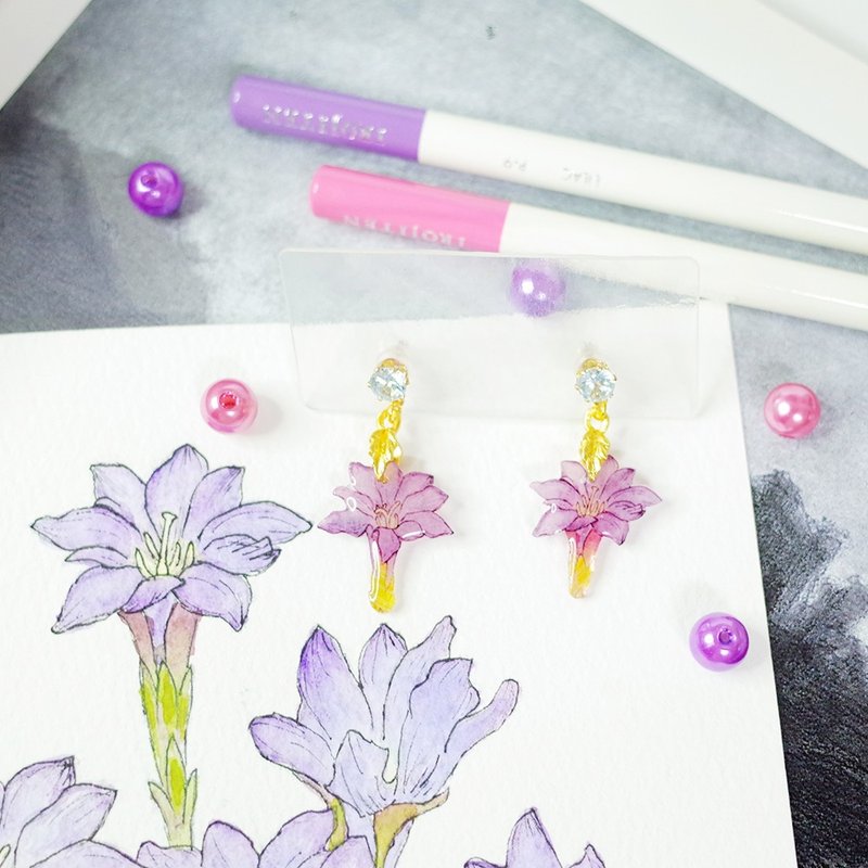 台湾特有种 阿里山龙胆 绘画耳环 耳针/耳夹 - 耳环/耳夹 - 防水材质 紫色