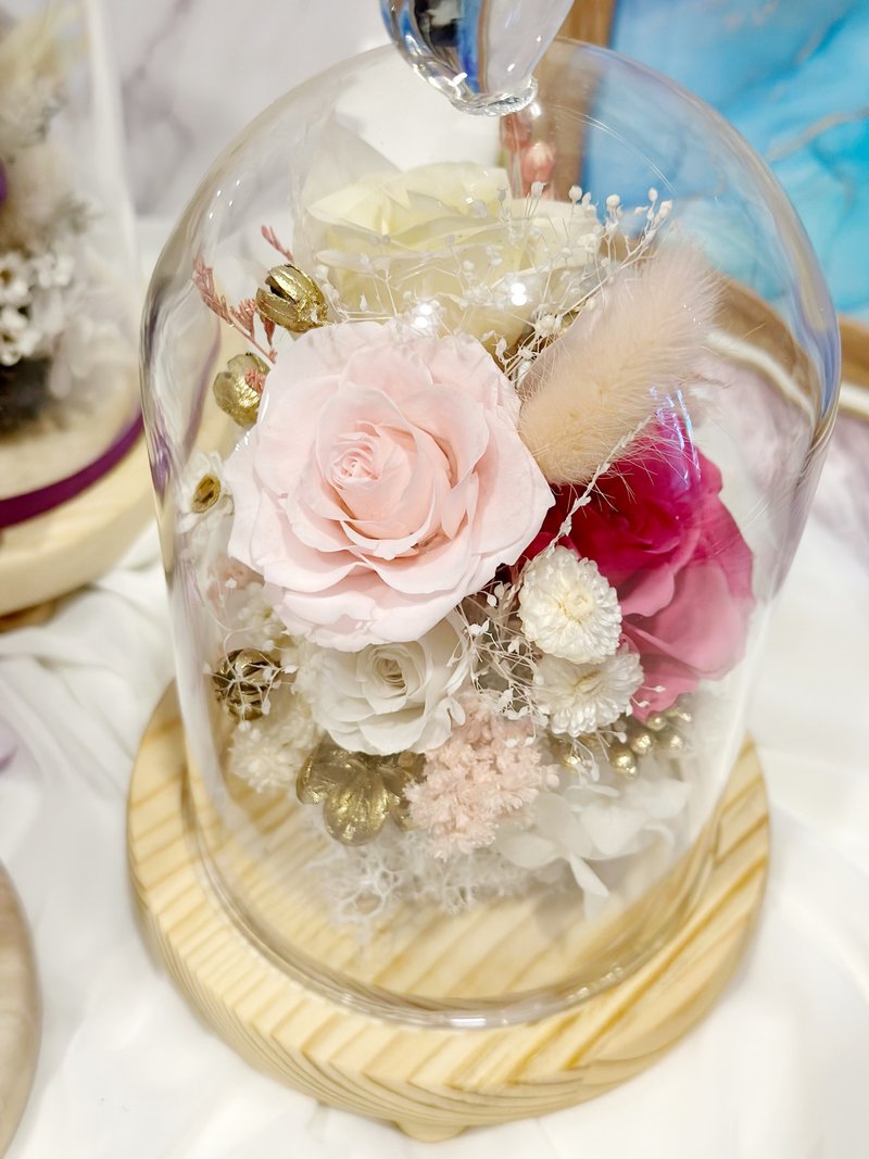 甜蜜爱情桃粉色系永生玫瑰花玻璃钟罩夜灯 七夕情人节送礼定情 - 干燥花/捧花 - 植物．花 粉红色