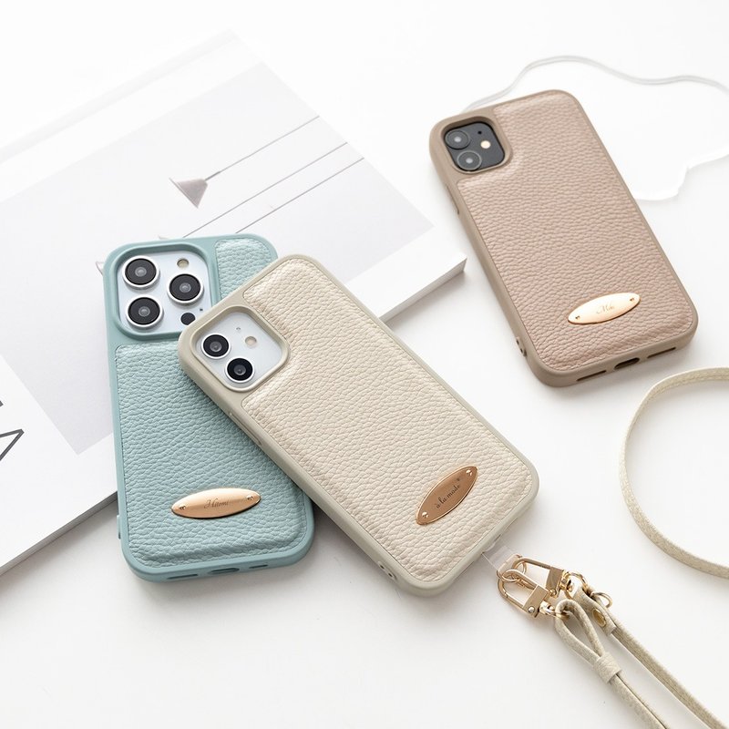 多型号兼容于彩色后壳，带有椭圆形板 [简单] 个性化 iPhone 智慧型手机外壳，雕刻，智慧型手机肩带，暗色 JA16A - 手机壳/手机套 - 真皮 咖啡色