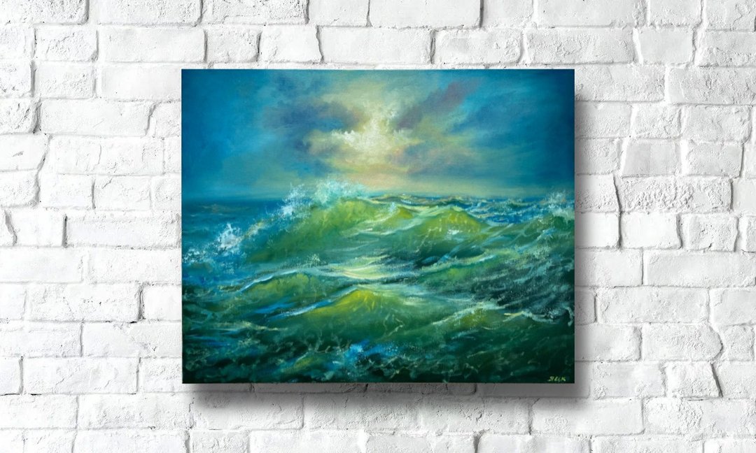 Wave Oil Painting On Canvas, Original Seascape Art, Ocean Wave Coastal Wall Art - 海报/装饰画/版画 - 其他材质 绿色