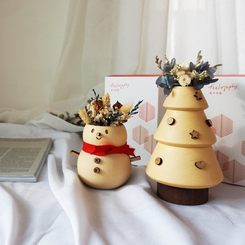 圣诞桧木花器 圆滚滚小雪人 花器 笔筒 交换礼物 赠永生花材 礼盒 - 花瓶/陶器 - 木头 黄色