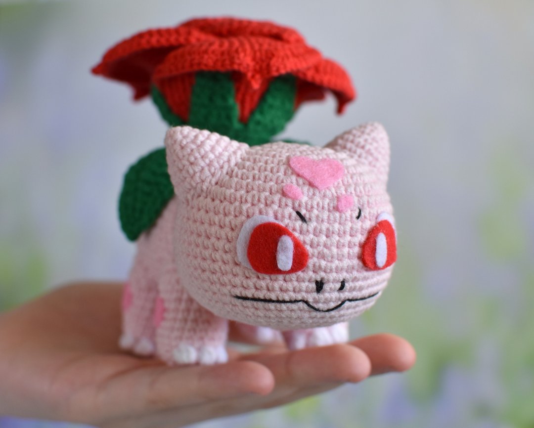 Rose Bulbasaur / Valentines Pink Bulbasaur With Rose / Pokemon love gift - 玩偶/公仔 - 棉 
