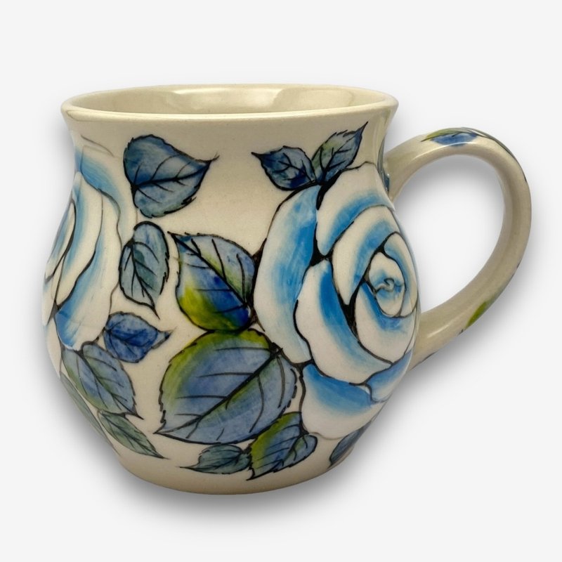 波兰手绘手工陶-胖胖杯 350ml 蓝玫瑰系列 设计师款 - 其他杯子 - 陶 蓝色