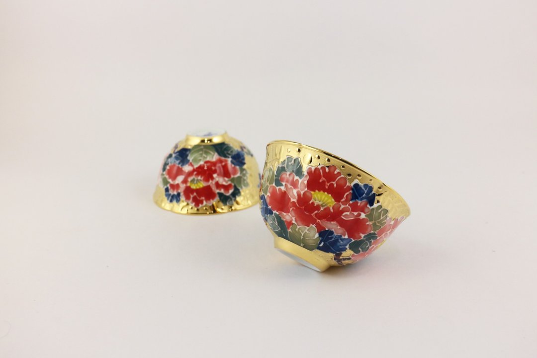 纯手绘茶杯-全鎏金牡丹对杯(小癸口杯)-红花 - 茶具/茶杯 - 瓷 红色