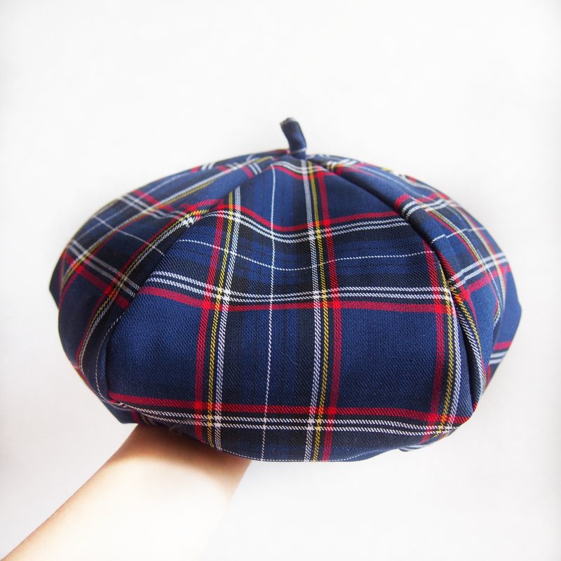 英伦风格子/深蓝色 双面六角帽子 画家帽 - 帽子 - 棉．麻 蓝色