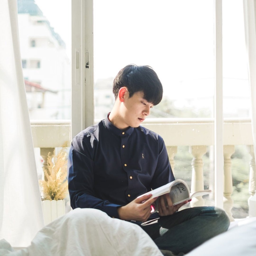 Men shirt: Straight-Small collar - 男装衬衫 - 棉 蓝色