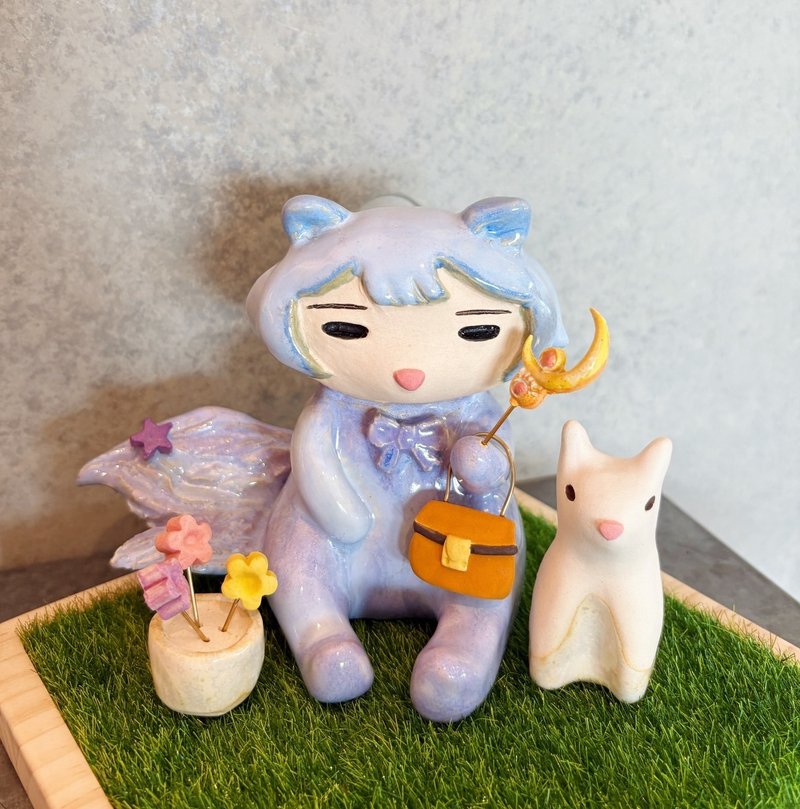 Qimii奇蜜星的小奇兽/交互式疗愈陶偶/猫耳/小蜜 - 摆饰 - 陶 蓝色