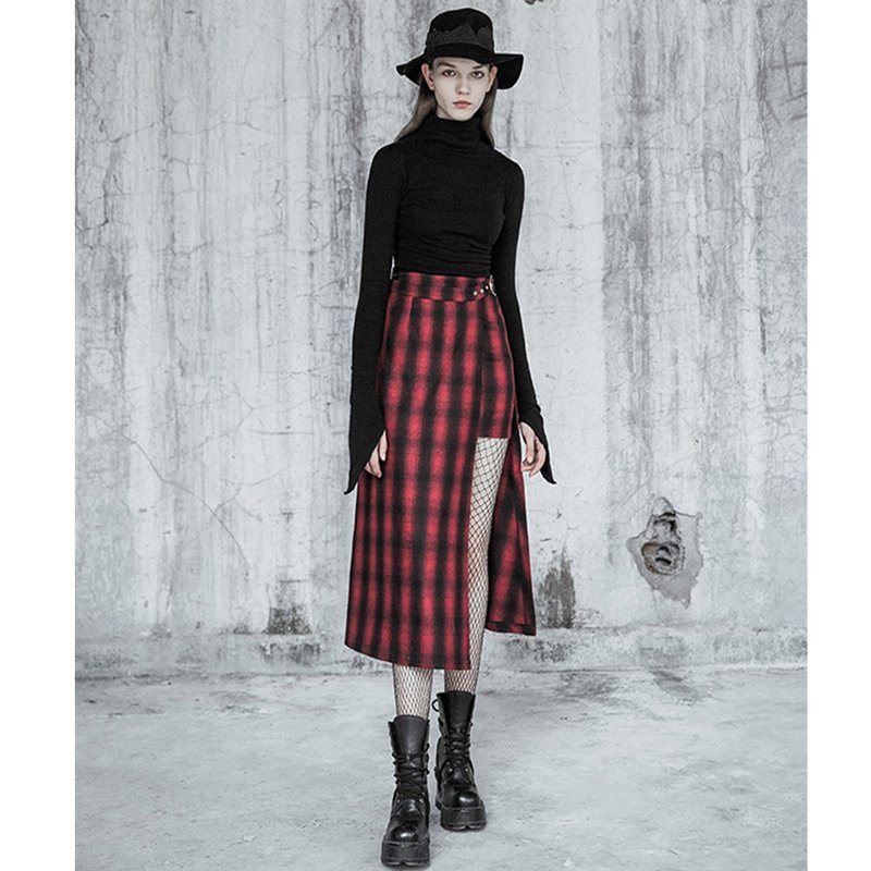 英式庞克格子长裙 - 裙子 - 其他材质 红色
