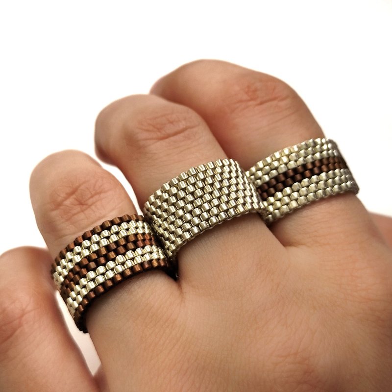 Silver, Bronze bead rings Geometric design rings Handmade wide flexible rings - 戒指 - 玻璃 银色