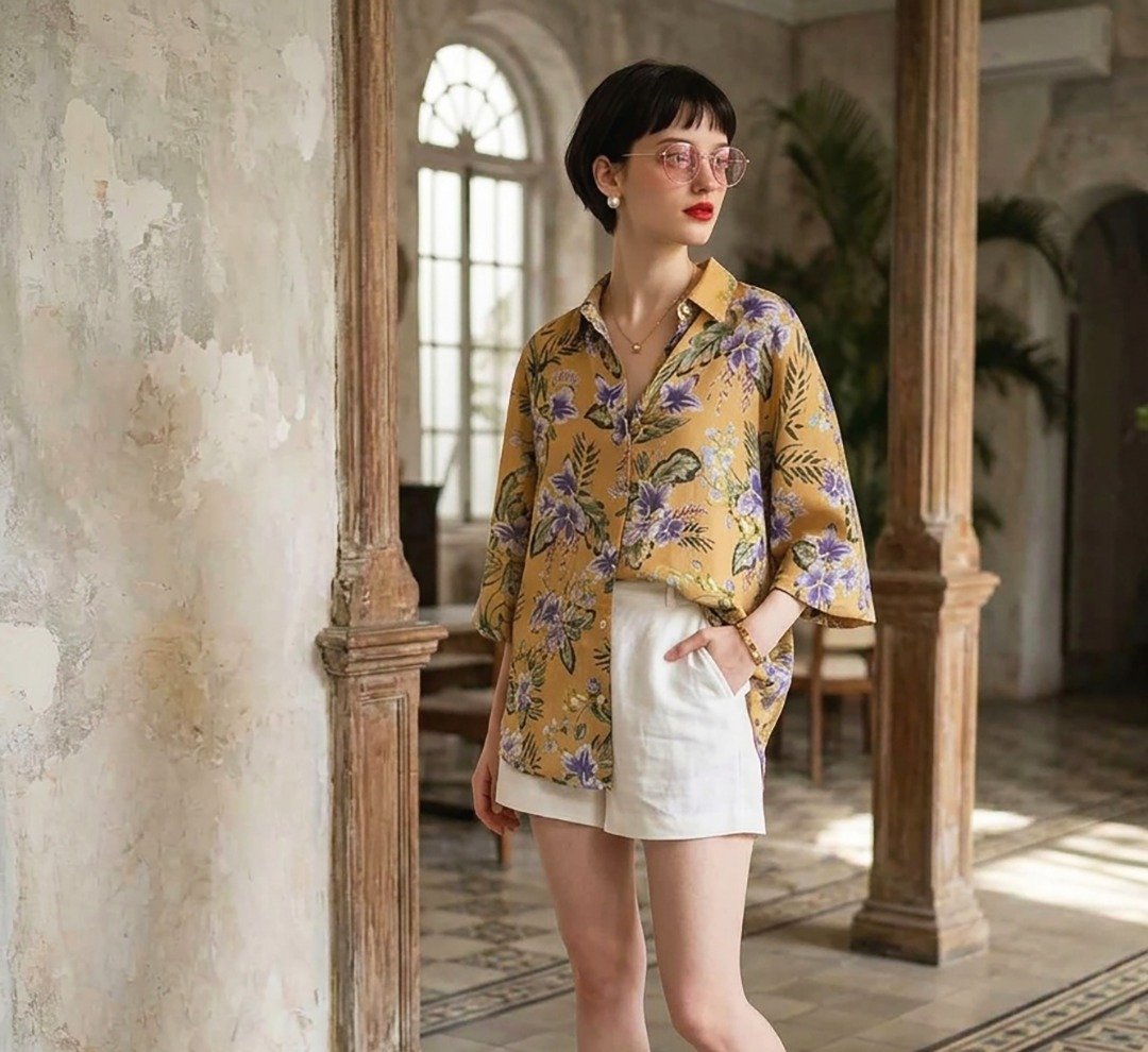 翻领衬衫，棉麻印花，短袖，无袖笼，侧边高开衩，弧形下摆。 - 女装衬衫 - 棉 卡其色