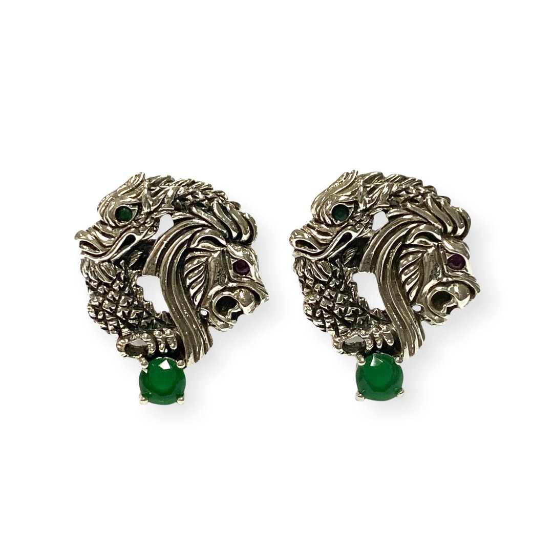 Lion Dragon with Emerald Stone Wedding Cufflinks For Groom 925 Sterling Silver - 袖扣 - 纯银 银色