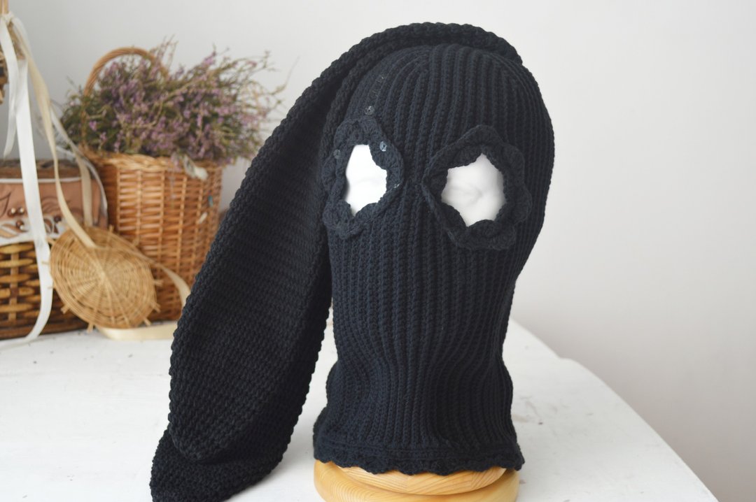 Psycho black bunny hat Custom knitted balaclava ski mask with ears women men - 帽子 - 棉 黑色