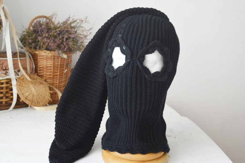 Psycho black bunny hat Custom knitted balaclava ski mask with ears women men - 帽子 - 棉．麻 黑色