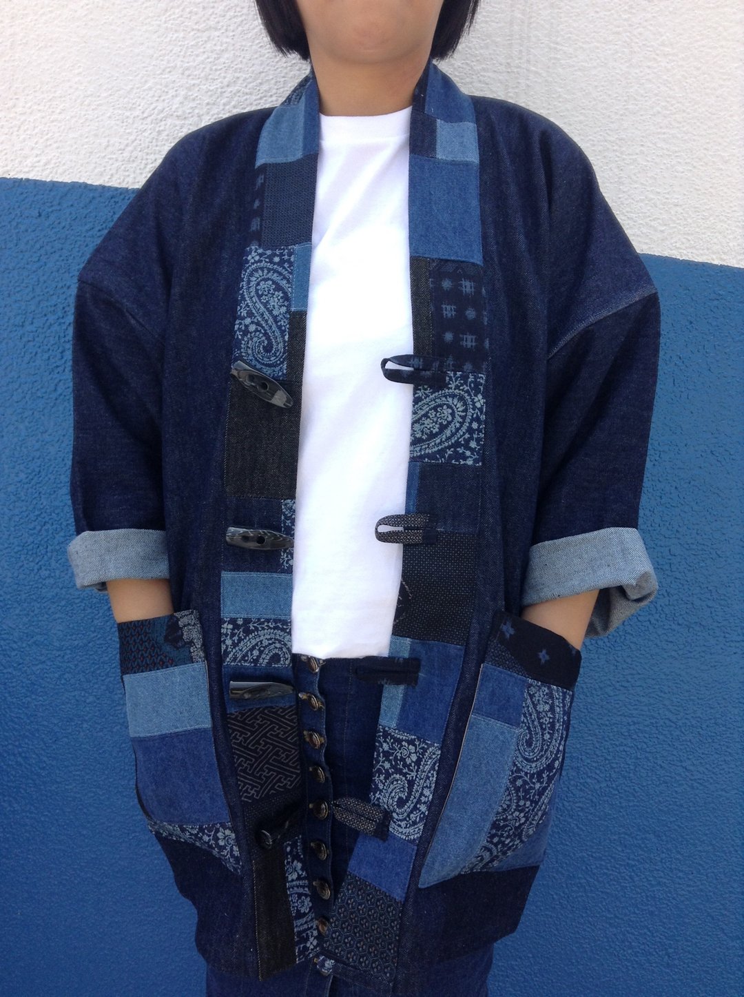 Denim Patchwork Kimono 牛仔拼布外套  野良着 和服外套 - 男装外套 - 棉 蓝色