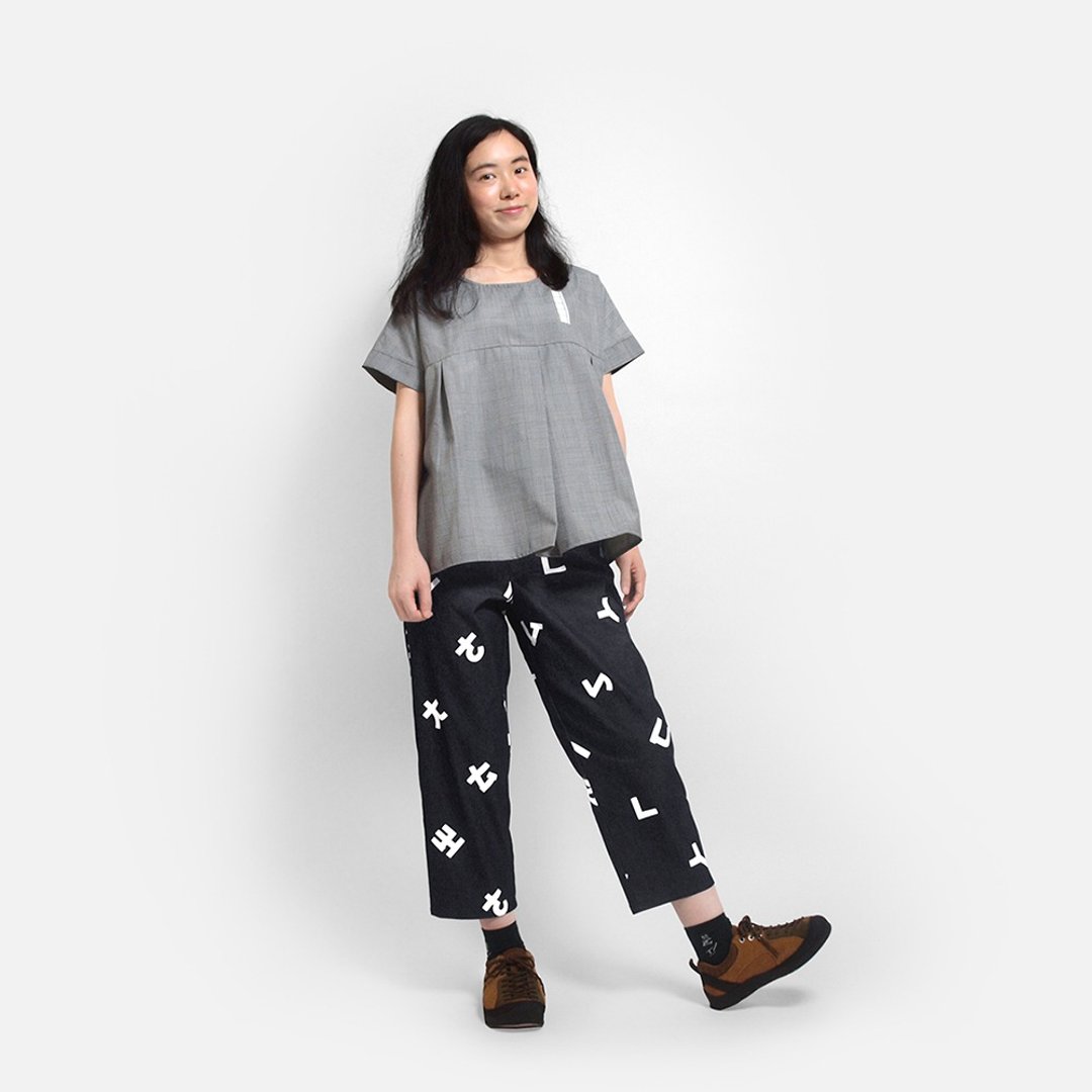 稿纸剪裁皱褶上衣-灰格纹 - 女装上衣 - 棉 灰色