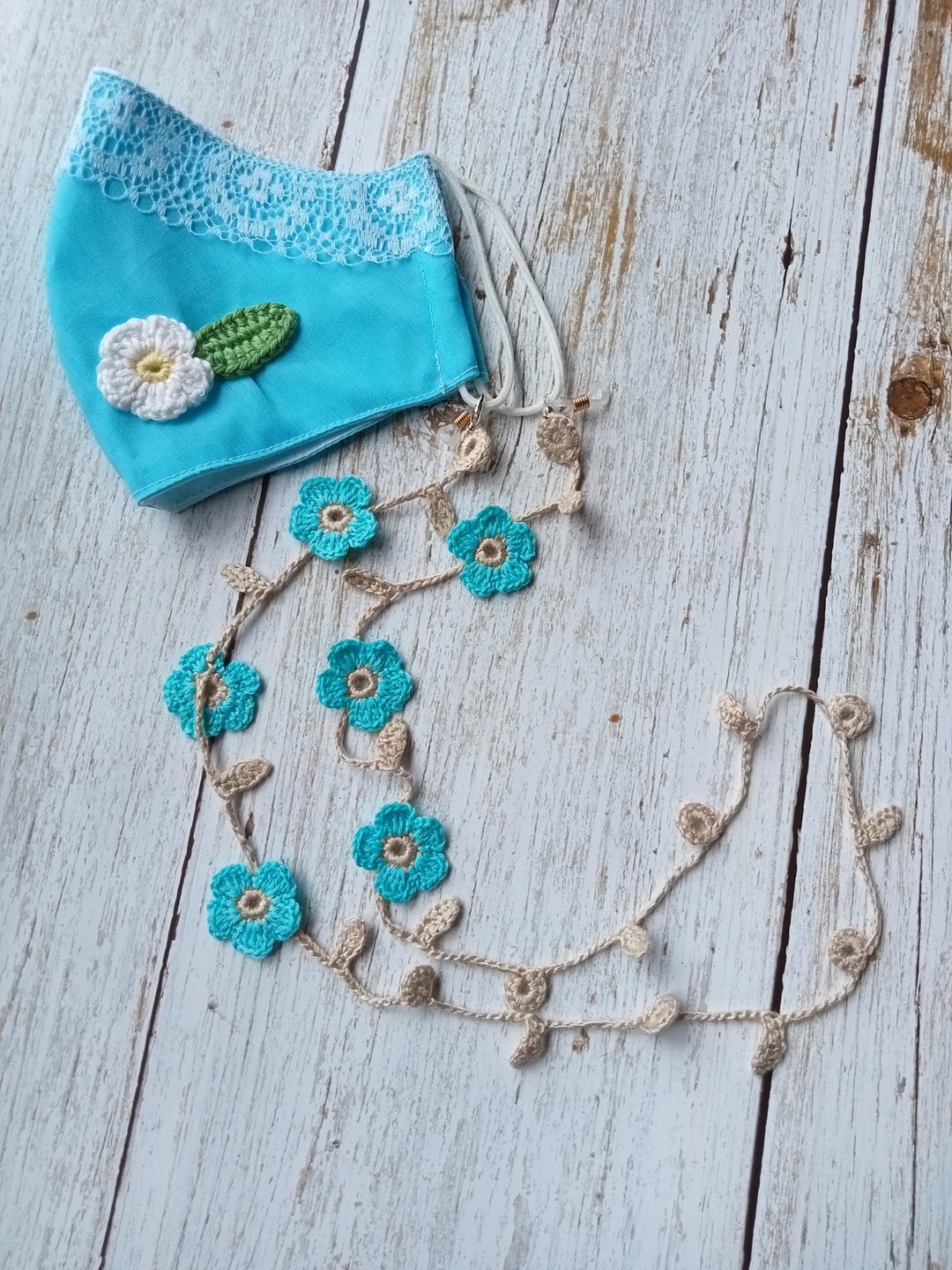 Set of 2 pieces, face mask, crochet mask holder, eyeglass strap - 口罩 - 棉 蓝色
