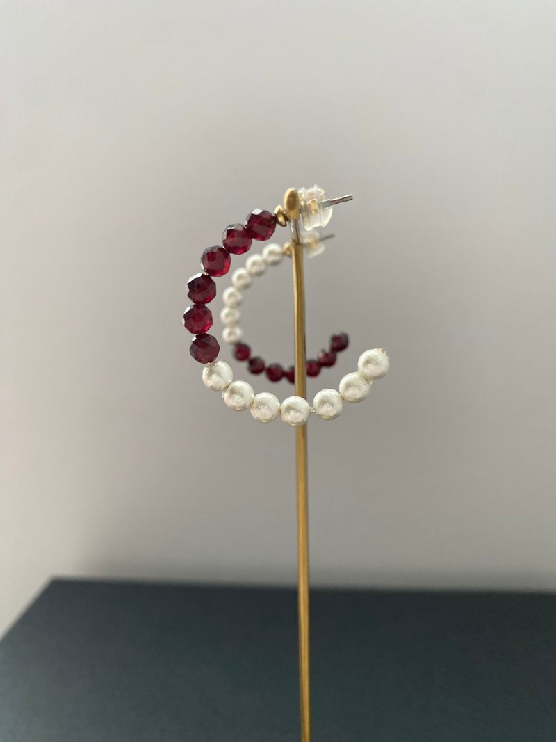 一月诞生石：石榴石 x 棉珍珠 - 耳环/耳夹 - 其他材质 