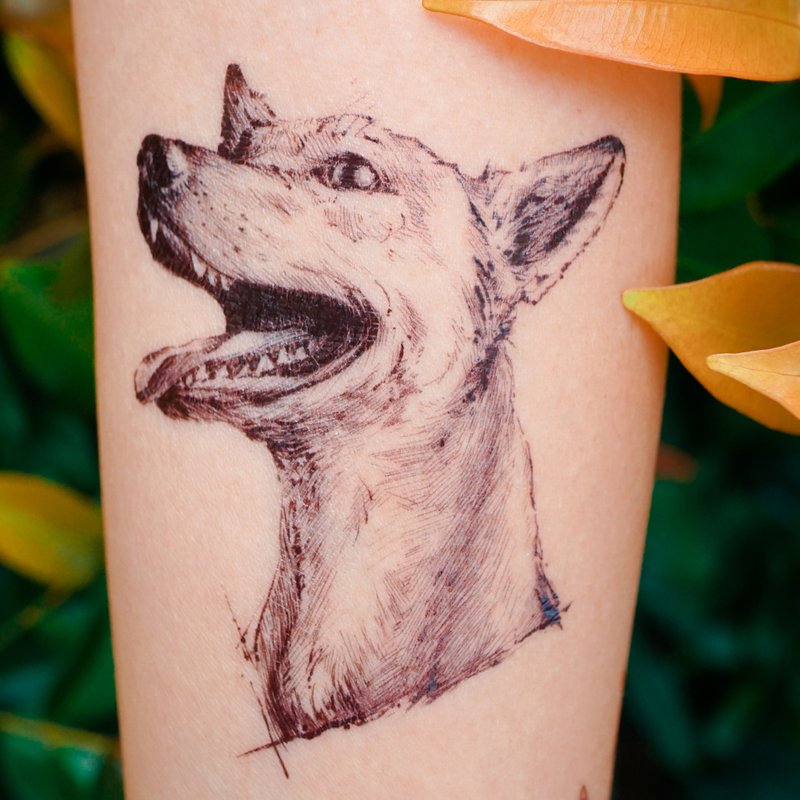 唐狗混种犬宠物动物 手绘插画纹身贴纸 纹身师刺青设计 台湾制造 - 纹身贴 - 纸 黑色