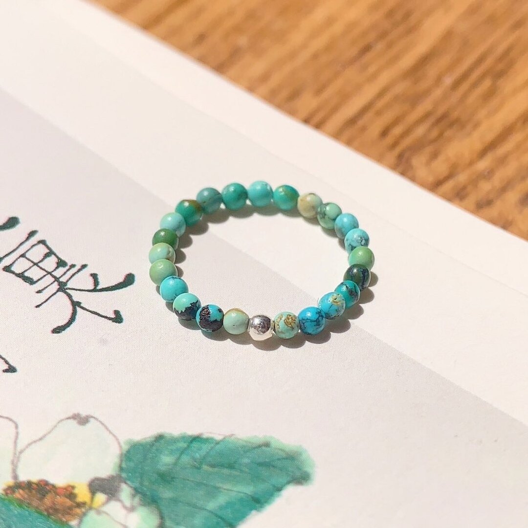 原创手工天然绿松石原矿串珠戒指s925银生日礼物 - 戒指 - 玉石 绿色