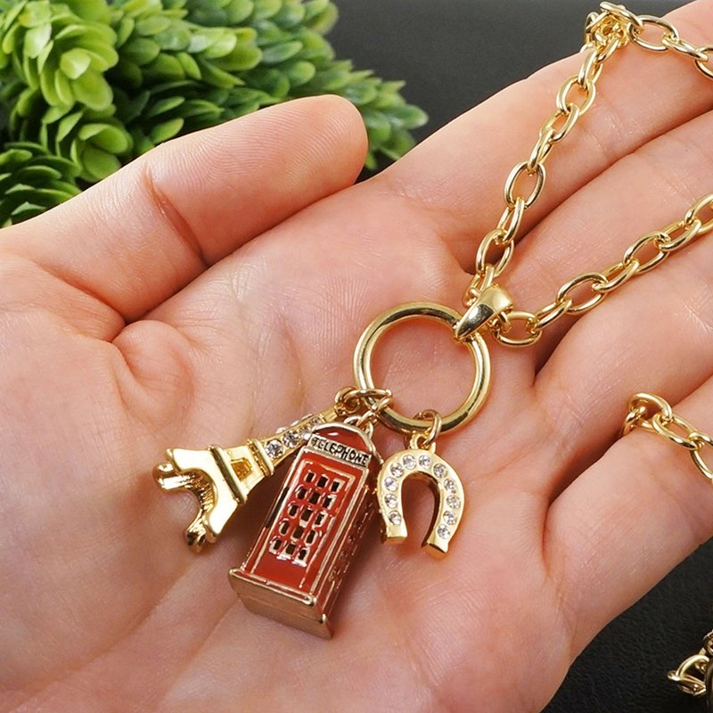 London Red Telephone Box Golden Paris Eiffel Tower Pendant Necklace Jewelry Gift - 项链 - 其他金属 红色