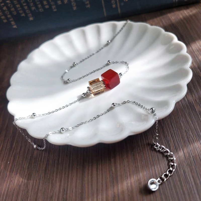 Sweet Duo。红玛瑙 X 金黄水晶  方糖造型白钢短链  不变色防过敏 - 项链 - 不锈钢 多色