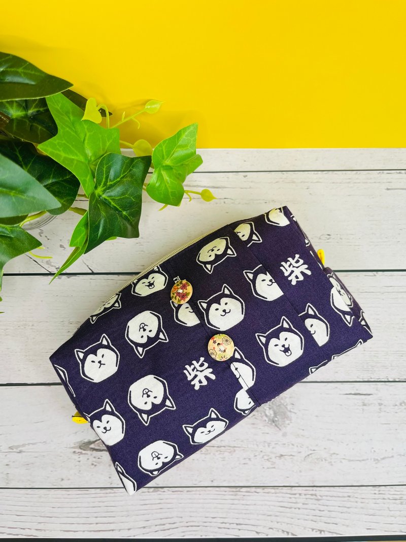 日本制 柴犬图案 束口袋 - 化妆包/杂物包 - 棉．麻 蓝色