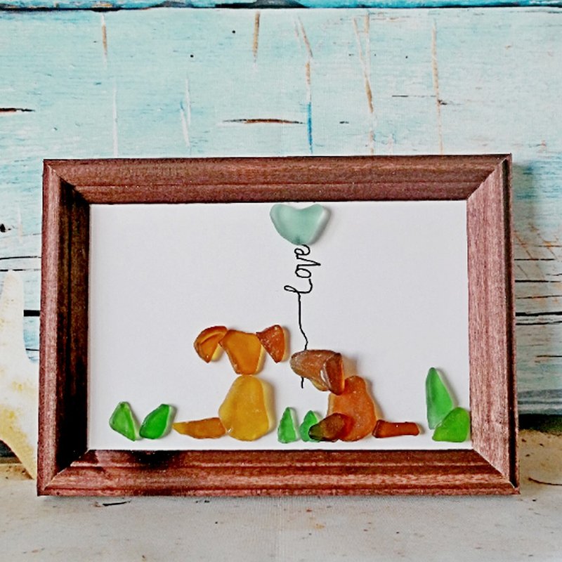 Dog Sea Glass Art/Dog gift/Dog Art Gifts for her/Dog couple/Pet lover Frame Art - 墙贴/壁贴 - 玻璃 咖啡色