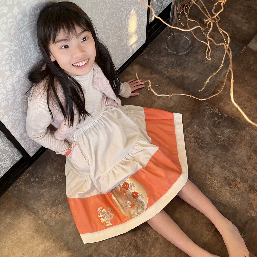 Corduroy + OBI of KIMONO,  Winter flare skirt for a little Girl - 童装裙 - 棉 白色