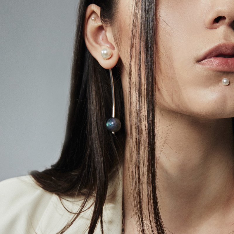 水占星拉长石后戴式耳环 单只 Hydromancy labradorite earring - 耳环/耳夹 - 银 