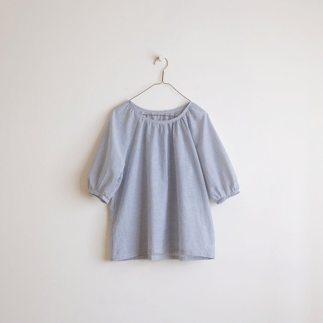 日常手作服  灰蓝直条纹日常罩衫 棉麻 - 女装上衣 - 棉 蓝色