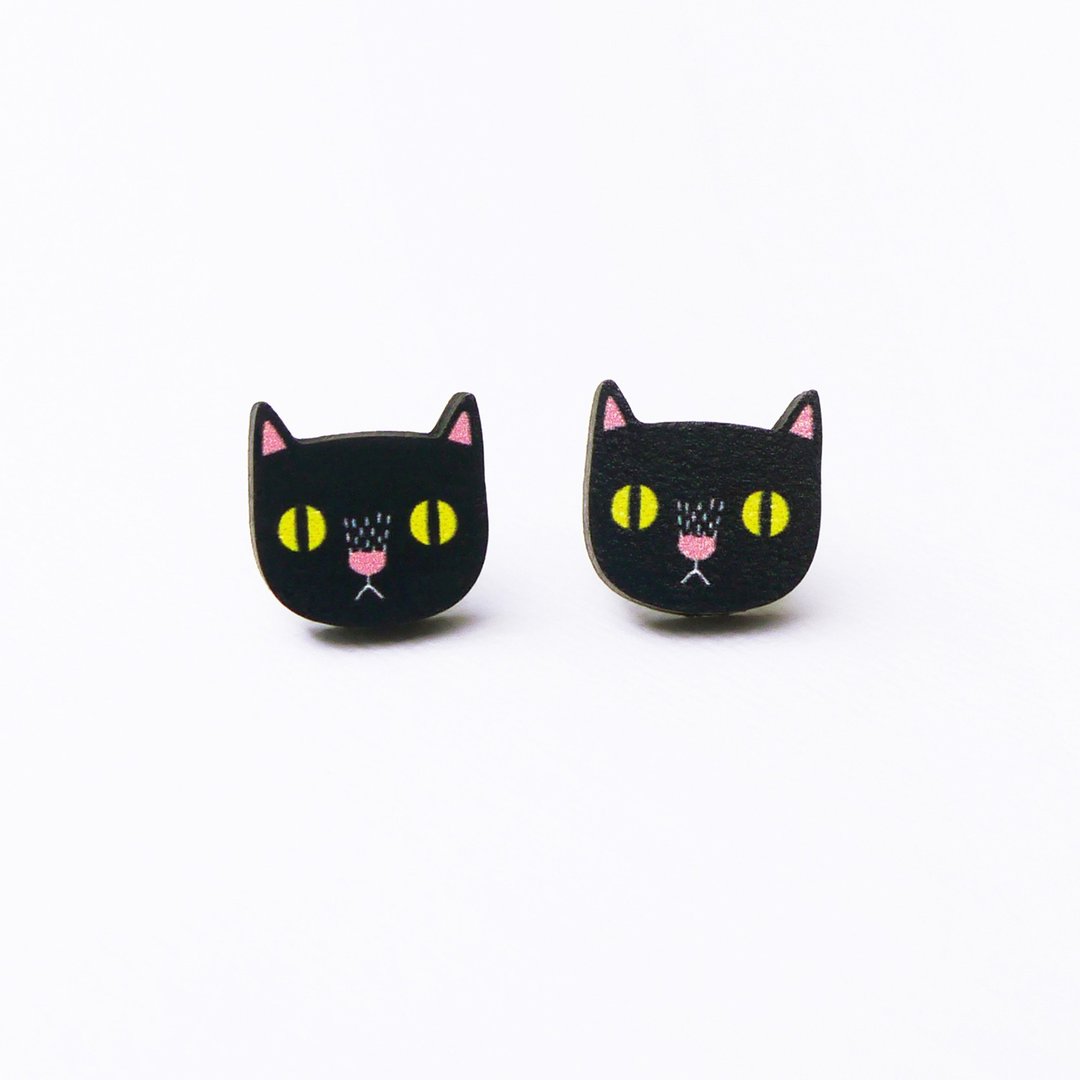 Black Cat 黑猫木制耳环 原创插画耳环 耳针无耳洞耳夹 - 耳环/耳夹 - 木头 黑色