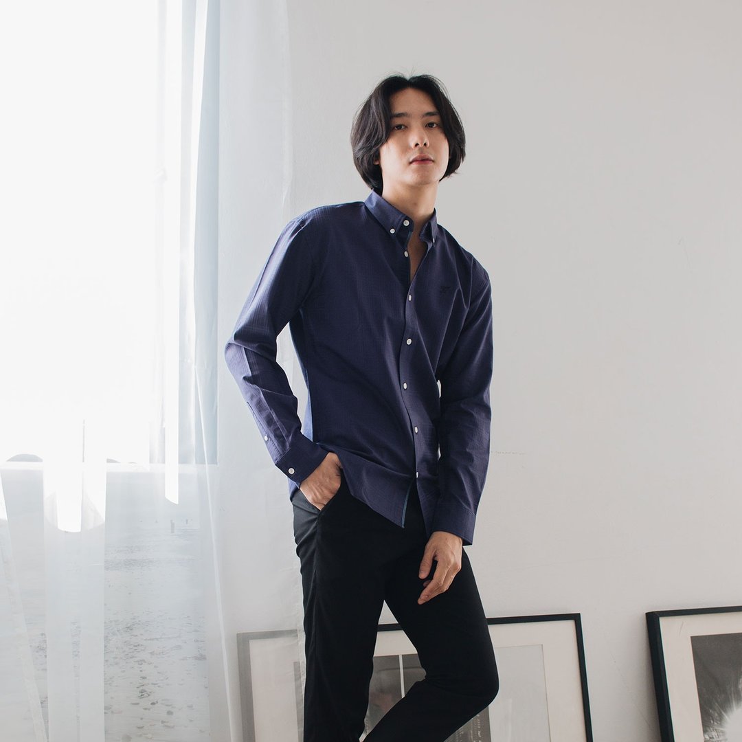 (SIZE S) PREMIUM // navy scotch // men slim fit - 男装衬衫 - 棉．麻 蓝色