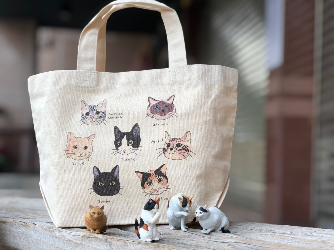 【插画款】猫咪百科 | 小小加大小托特_台湾制插画设计帆布包 - 侧背包/斜挎包 - 棉 白色