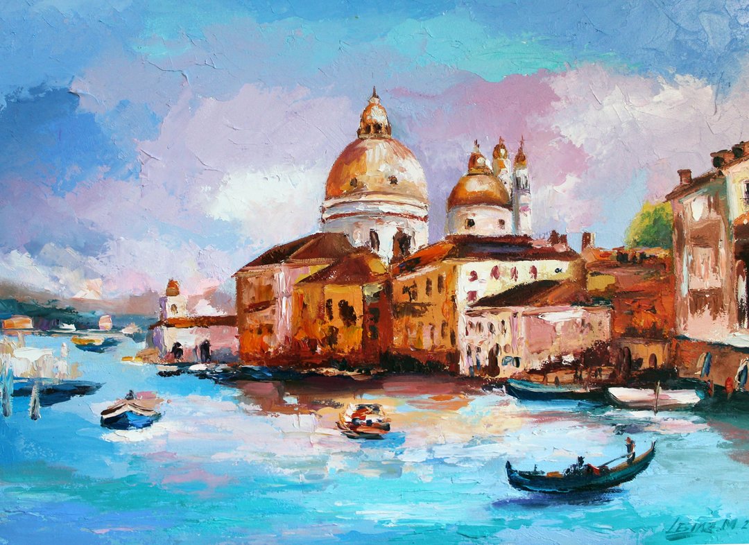 Venice Oil Painting Italy Original Art Landscape Painting Italy Artwork Venice - 墙贴/壁贴 - 其他材质 蓝色
