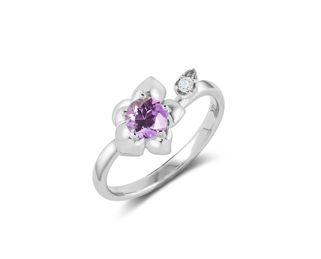 紫水晶14k白金钻石订婚戒指 非传统兰花结婚戒指 大自然花卉戒指 - 戒指 - 贵金属 紫色