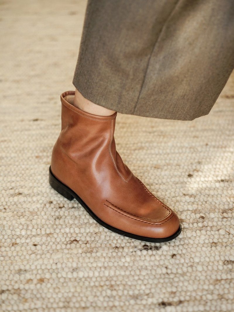 复古方头 / 油蜡皮侧拉链短靴 / 鹿皮内里 - 女款短靴 - 真皮 多色