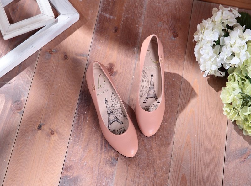 Dora-优雅裸粉-素面圆头真皮高跟鞋 - 高跟鞋 - 真皮 粉红色