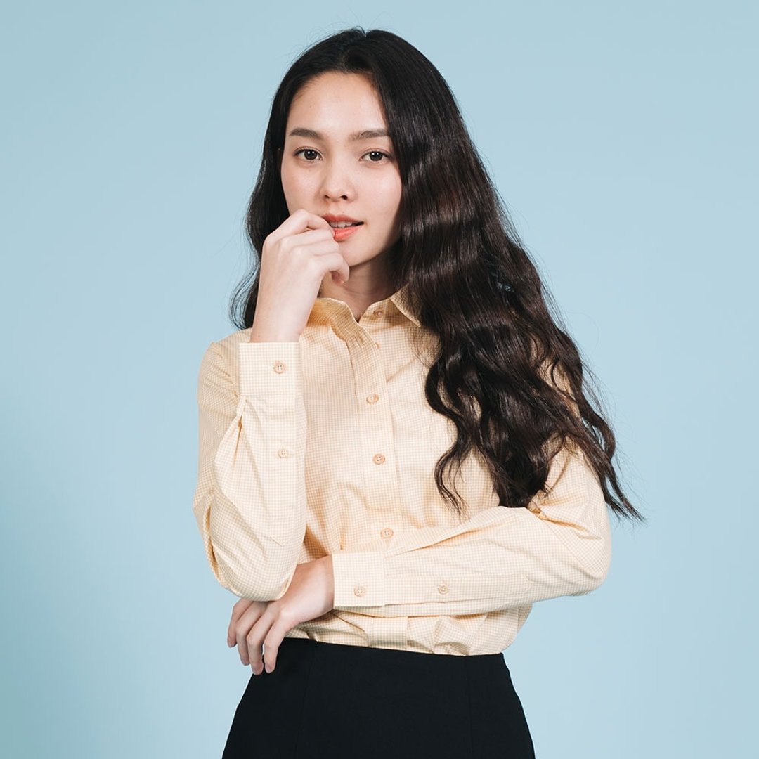 REINDEER // yellow check // women long sleeves - 女装衬衫 - 棉 黄色