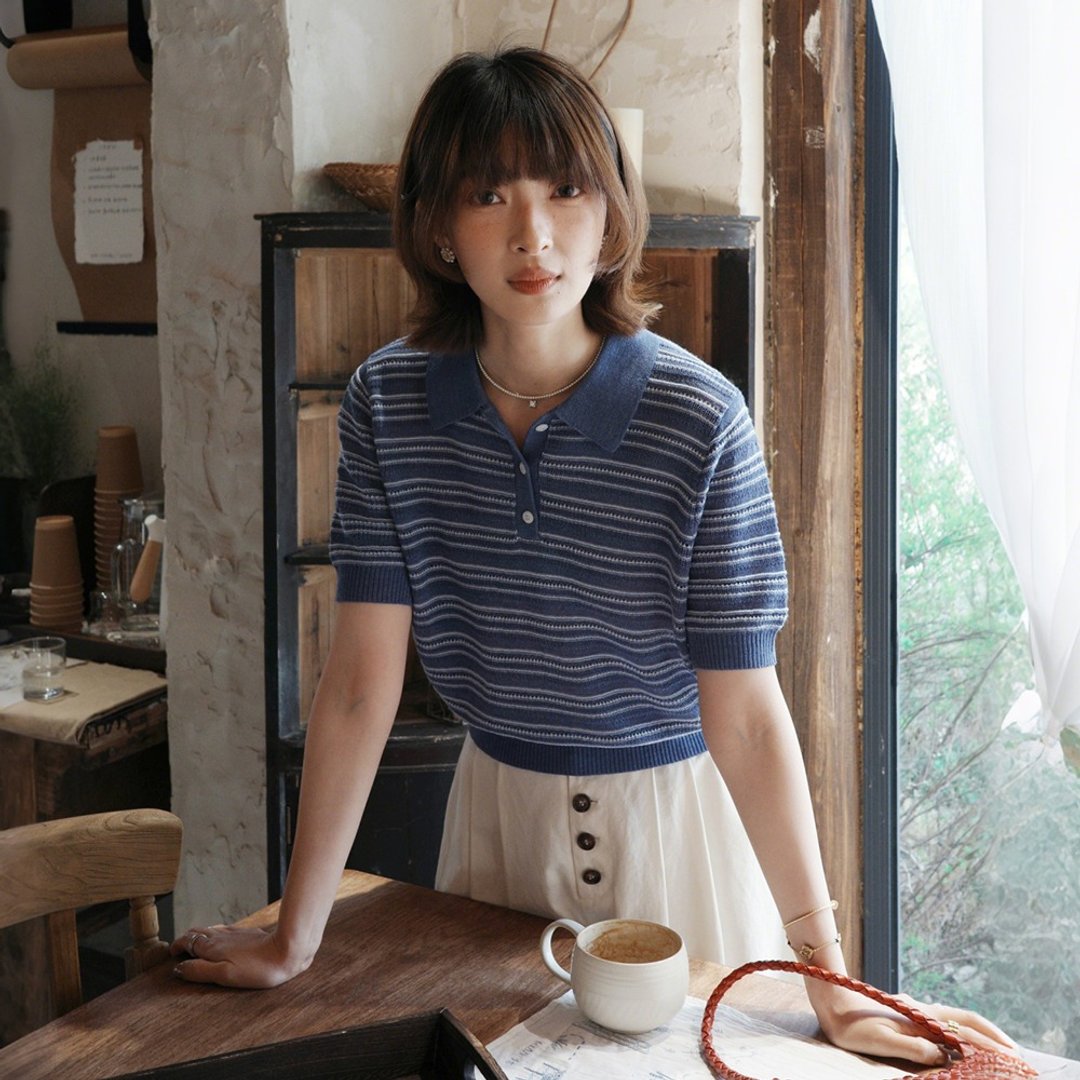 针织条纹短袖 POLO 衫 | 针织衫 | 两色 | 春款|Sora-2073 - 女装针织衫/毛衣 - 羊毛 多色