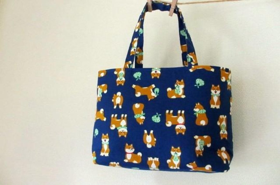 Shiba inu petit handbill navy blue - 手提包/手提袋 - 棉 蓝色