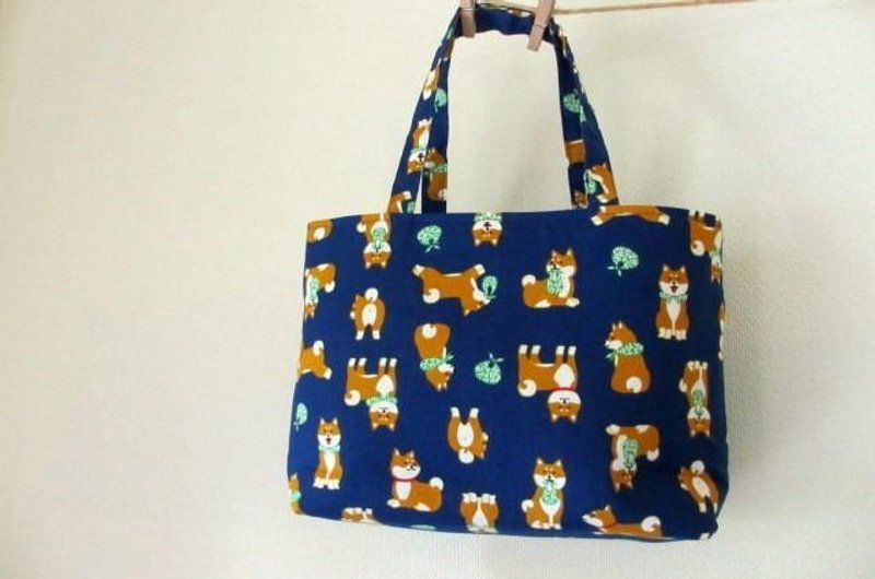 Shiba inu petit handbill navy blue - 手提包/手提袋 - 棉．麻 蓝色