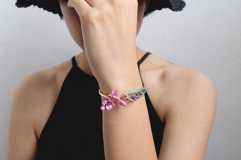 Freesia Bangle, Pink Freesia, Pink Flower, Flower Jewelry - 手链/手环 - 铜/黄铜 粉红色
