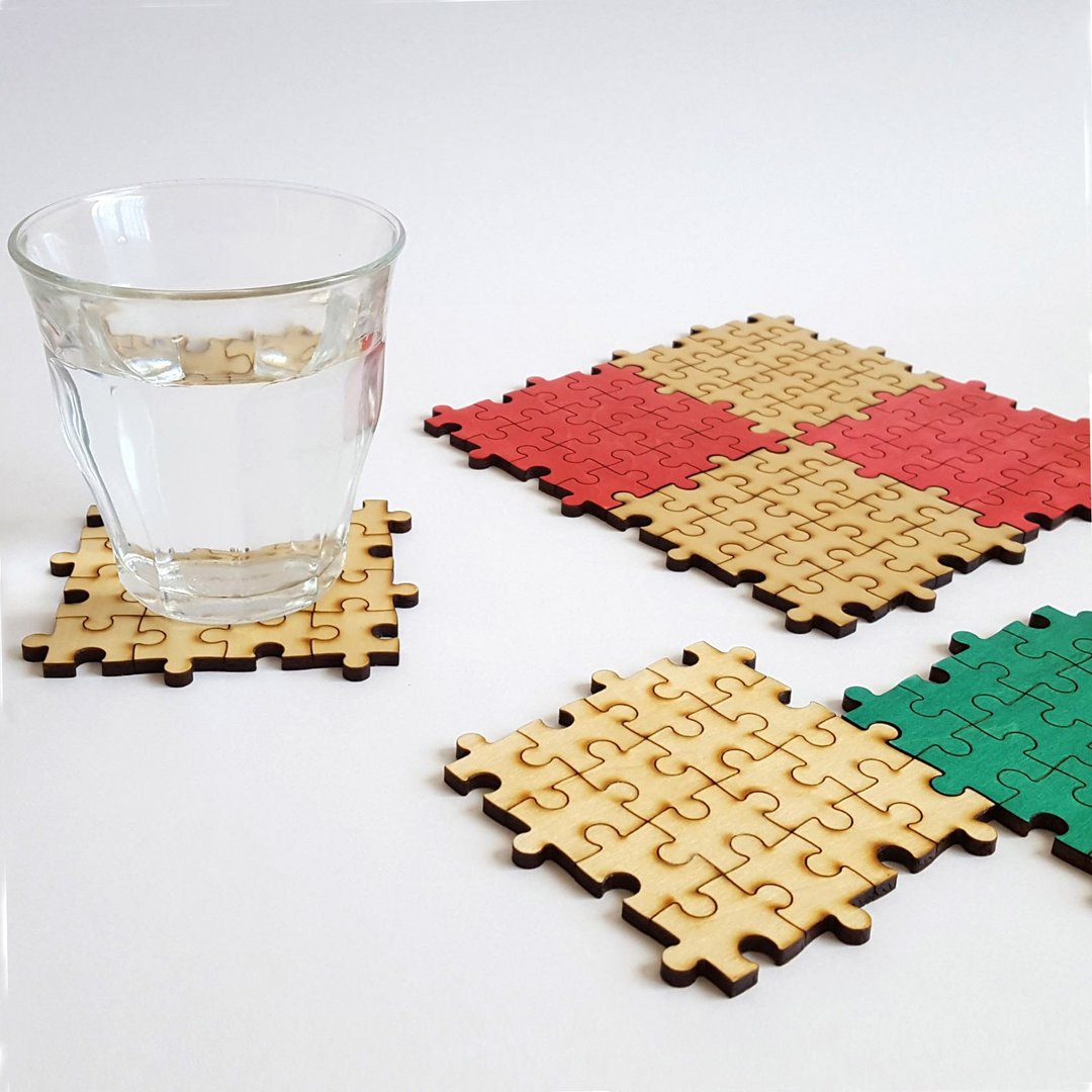Combination jigsaw coaster / wooden coaster with puzzle pattern 2 pieces set - 杯垫 - 木头 白色