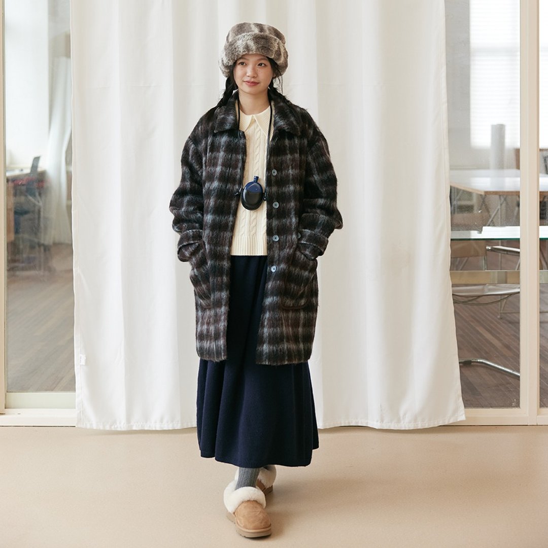 复古蓝咖格纹大衣|外套|冬款|Sora-1699 - 女装休闲/机能外套 - 羊毛 