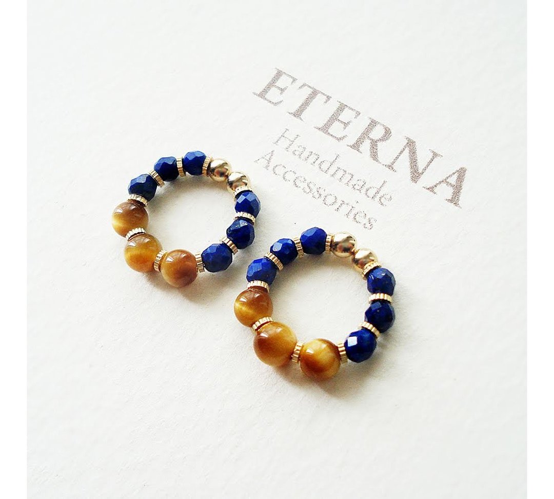 Lapis Lazuli 与 Golden Tiger Eye 圈形耳环 - 耳环/耳夹 - 石头 橘色