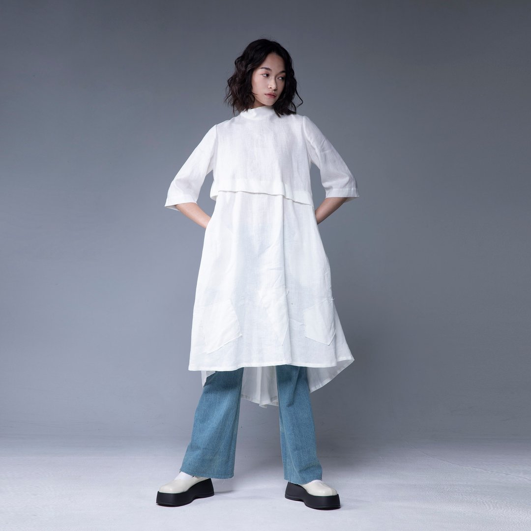 Aman No.4 仙女洋1号 有袖 纯白 亚麻 - 洋装/连衣裙 - 棉 