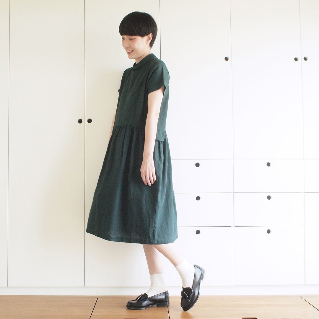 polish linen gathered dress : green - 洋装/连衣裙 - 棉 绿色