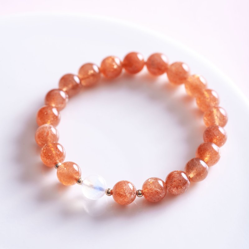 金太阳石月亮石14K包金手链 | 8mm 太阳石月光石手链天然水晶礼物 - 手链/手环 - 宝石 橘色