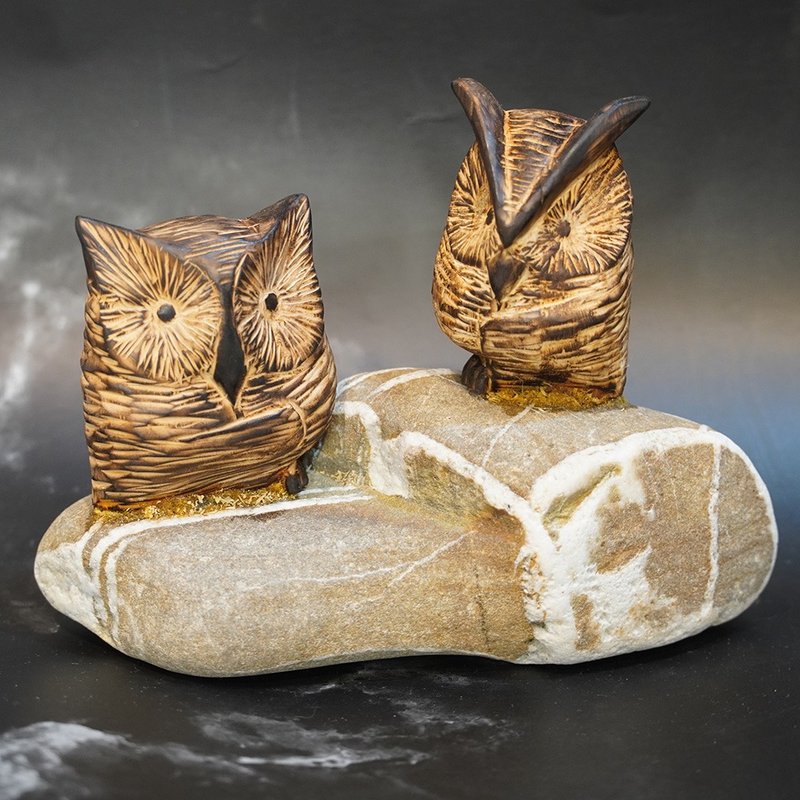 肖楠角鸮木雕猫头鹰搭南田石owl-郭国庆原创 - 摆饰 - 木头 咖啡色