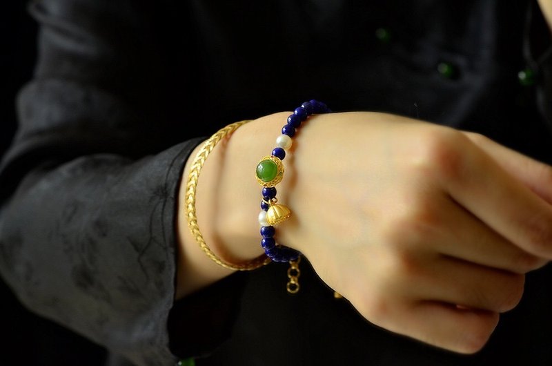 星光天空 天然原矿青金石 纯银镶嵌碧玉珍珠 设计单圈手串 - 项链 - 半宝石 蓝色